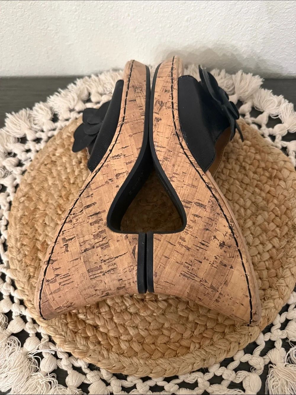 Bjorndal Black Leather Floral Cork Wedge Slide Sandals Womens Size 11 Boho Chic